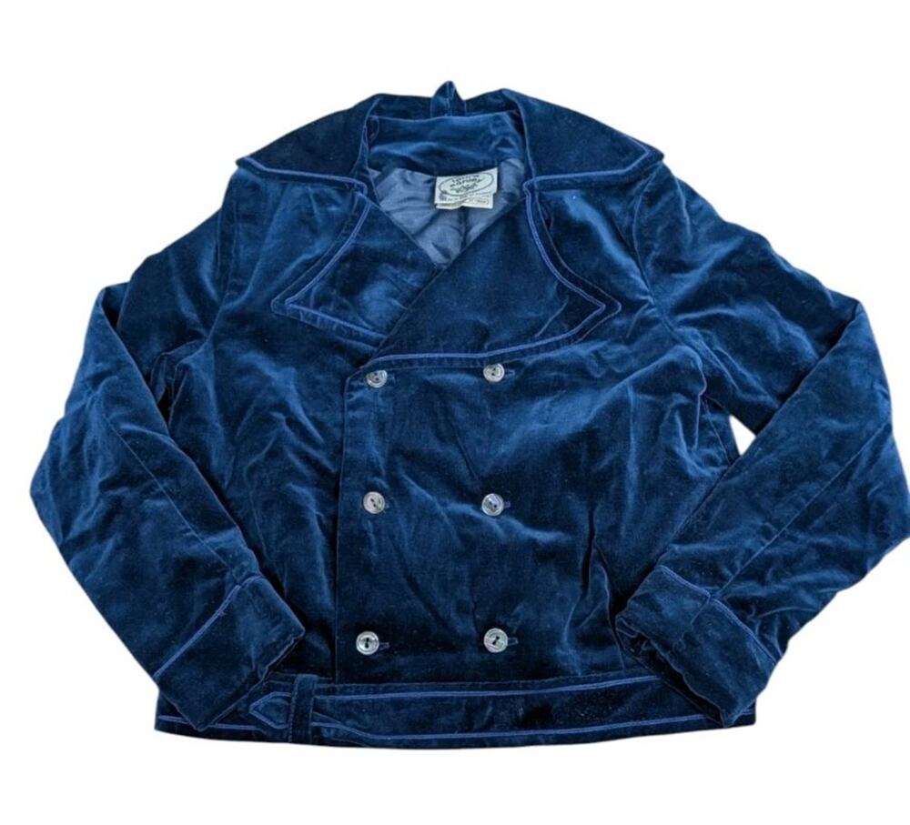 Vintage 80s Laura Ashley Navy Blue Velvet Kids Peacoat Size 7/8 Cotton Ireland S